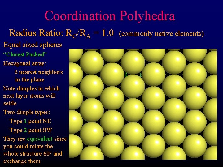 Coordination Polyhedra Radius Ratio: RC/RA = 1. 0 (commonly native elements) Equal sized spheres