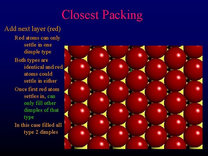 Closest Packing Add next layer (red) Red atoms can only settle in one dimple