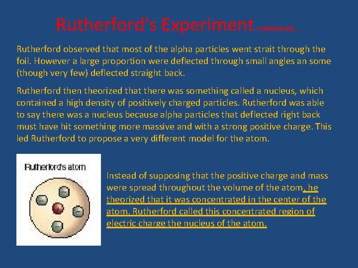 Rutherford's Experiment continued… Rutherford observed that most of the alpha particles went strait through