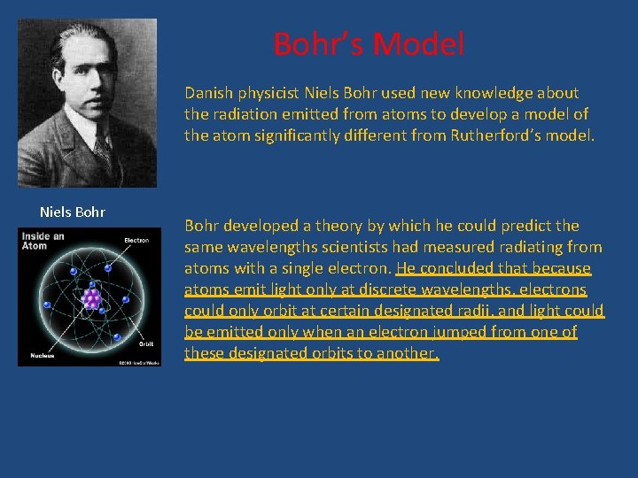 Bohr’s Model Danish physicist Niels Bohr used new knowledge about the radiation emitted from
