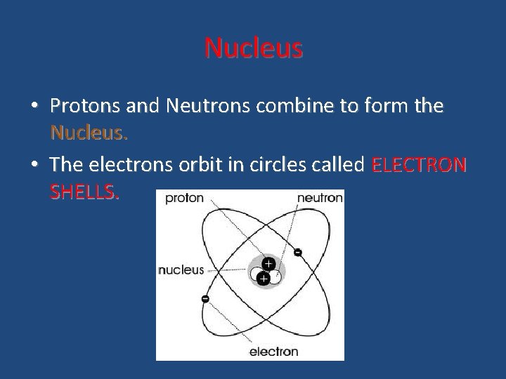 Nucleus • Protons and Neutrons combine to form the Nucleus. • The electrons orbit