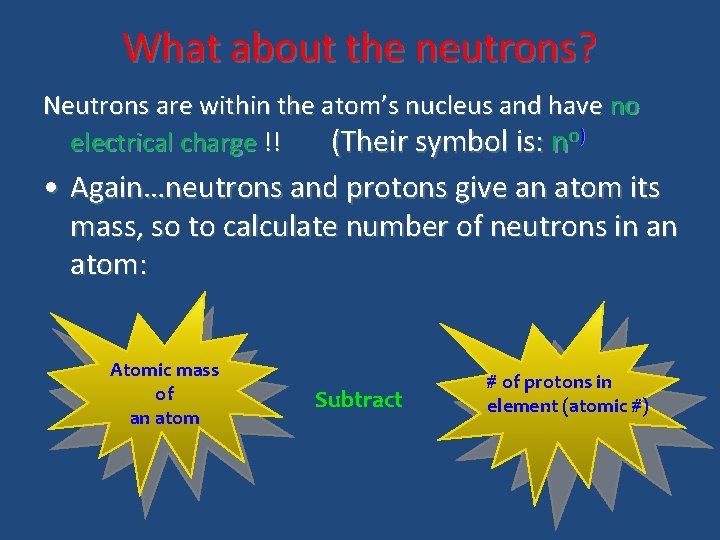 What about the neutrons? Neutrons are within the atom’s nucleus and have no electrical