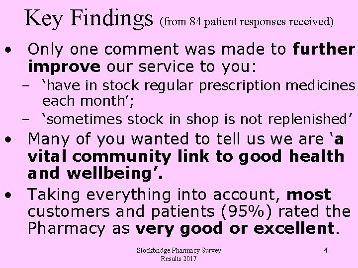 Key Findings (from 84 patient responses received) • Only one comment was made to