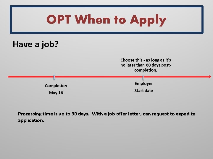 OPT When to Apply Have a job? Processing time is up to 90 days.