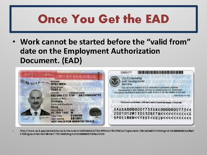 Once You Get the EAD • Work cannot be started before the “valid from”