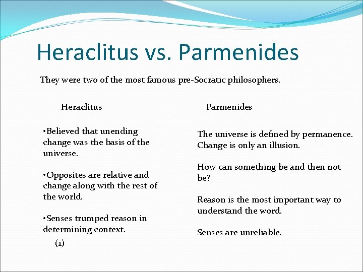 Heraclitus vs. Parmenides They were two of the most famous pre-Socratic philosophers. Heraclitus Parmenides