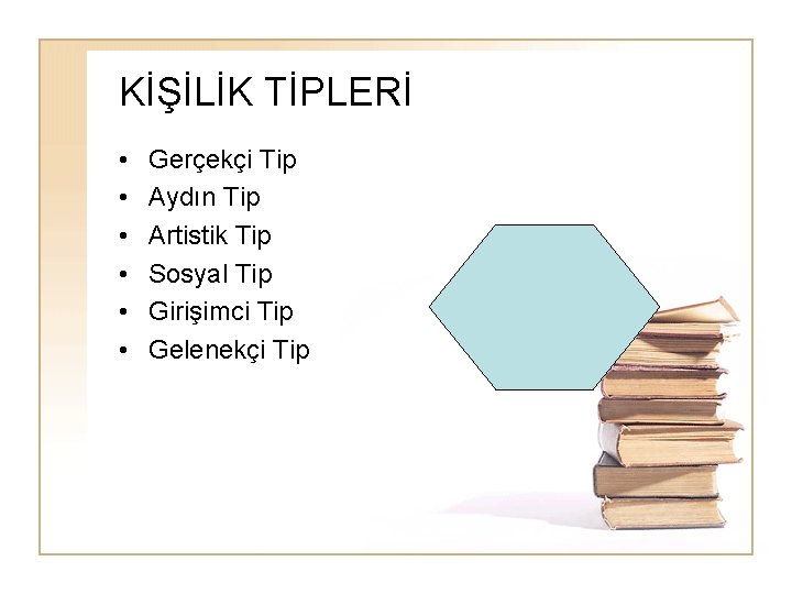 KİŞİLİK TİPLERİ • • • Gerçekçi Tip Aydın Tip Artistik Tip Sosyal Tip Girişimci KİŞİLİK TİPLERİ • • • Gerçekçi Tip Aydın Tip Artistik Tip Sosyal Tip Girişimci