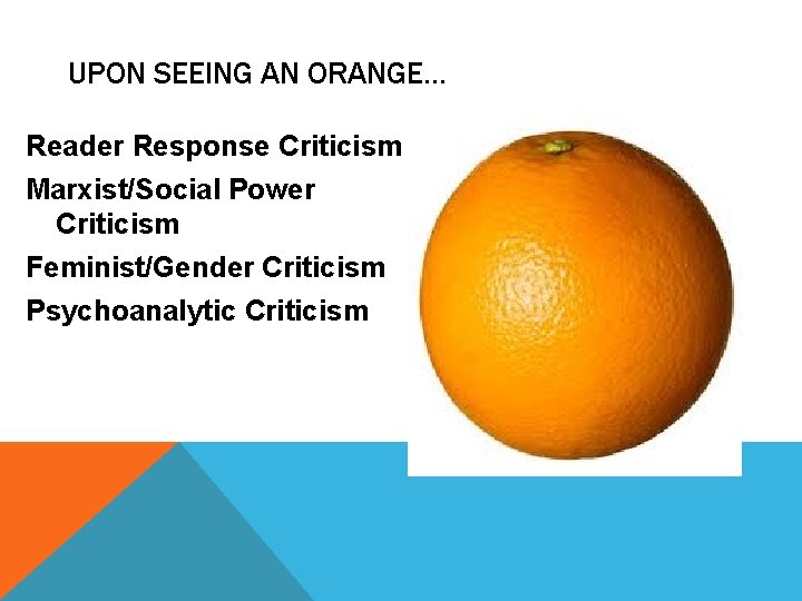 UPON SEEING AN ORANGE… Reader Response Criticism Marxist/Social Power Criticism Feminist/Gender Criticism Psychoanalytic Criticism