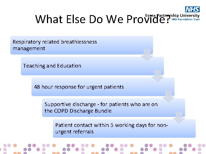 What Else Do We Provide? Respiratory related breathlessness management Teaching and Education 48 hour