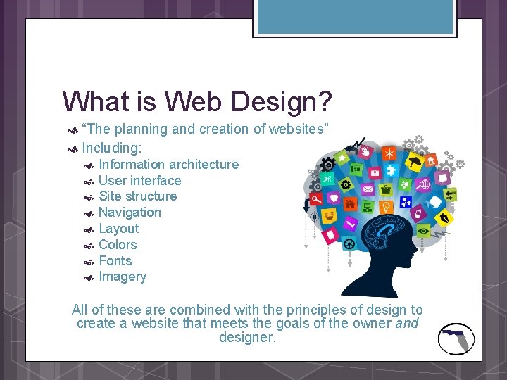 What is Web Design? “The planning and creation of websites” Including: Information architecture User