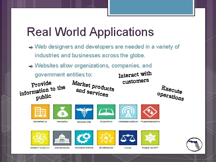 Real World Applications Web designers and developers are needed in a variety of industries