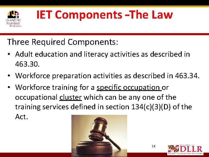 IET Components –The Law Three Required Components: • Adult education and literacy activities as