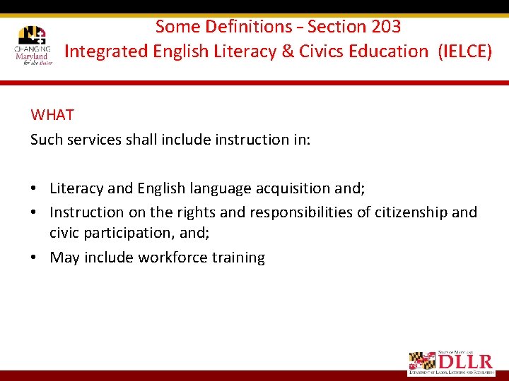 Some Definitions – Section 203 Integrated English Literacy & Civics Education (IELCE) WHAT Such