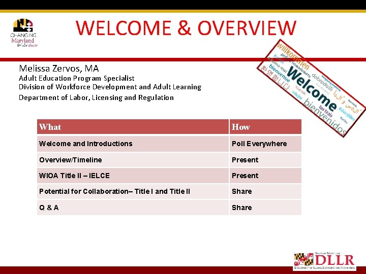 WELCOME & OVERVIEW Melissa Zervos, MA Adult Education Program Specialist Division of Workforce Development