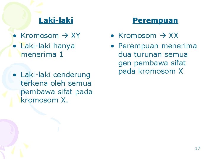 Laki-laki • Kromosom XY • Laki-laki hanya menerima 1 • Laki-laki cenderung terkena oleh