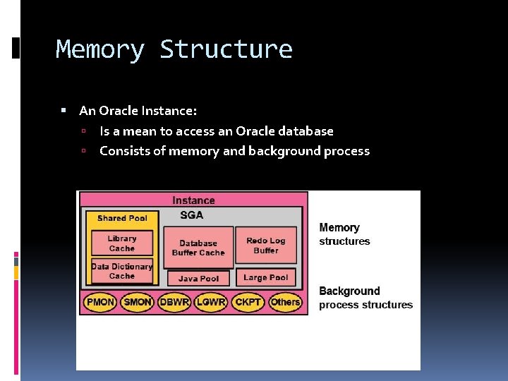 Memory Structure An Oracle Instance: Is a mean to access an Oracle database Consists