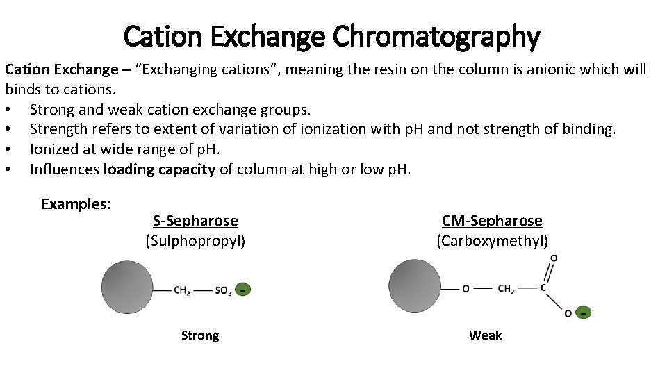 Cation Exchange Chromatography Cation Exchange – “Exchanging cations”, meaning the resin on the column