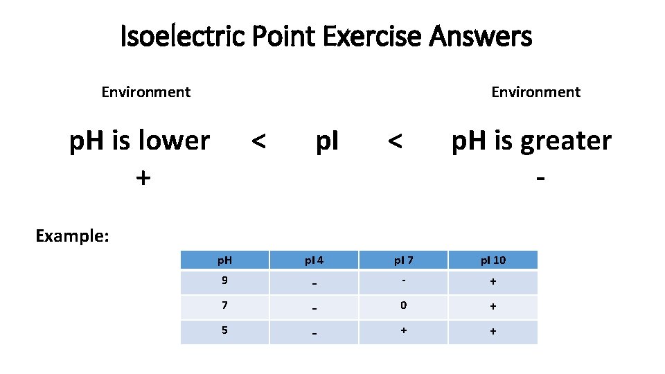 Isoelectric Point Exercise Answers Environment p. H is lower + < p. I <