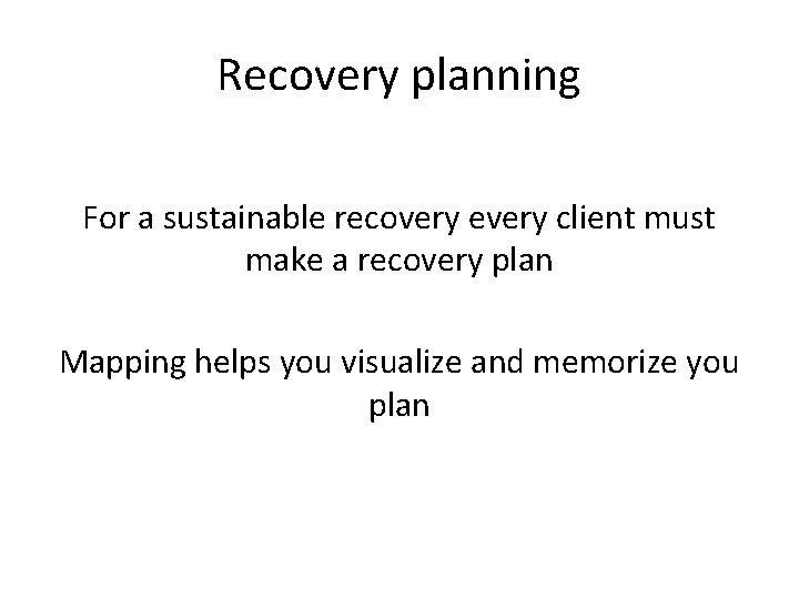 Recovery planning For a sustainable recovery every client must make a recovery plan Mapping