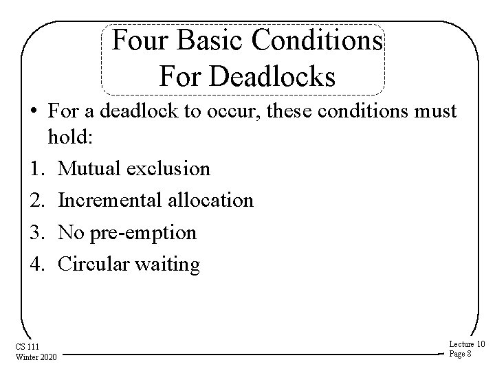 Four Basic Conditions For Deadlocks • For a deadlock to occur, these conditions must