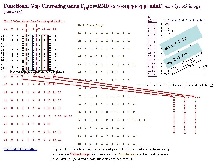 Functional Gap Clustering using Fpq(x)=RND[(x-p)o(q-p)/|q-p|-min. F] on a Spaeth image (p=mean) X x 1
