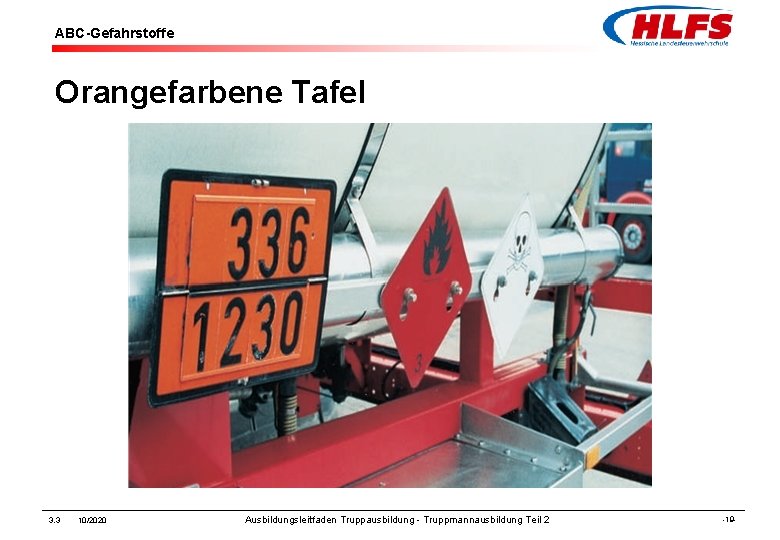 ABC-Gefahrstoffe Orangefarbene Tafel 3. 3 10/2020 Ausbildungsleitfaden Truppausbildung - Truppmannausbildung Teil 2 -19 -