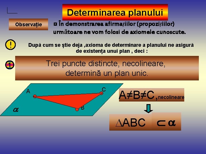 Determinarea planului Observație ! ◘ În demonstrarea afirmațiilor (propozițiilor) următoare ne vom folosi de