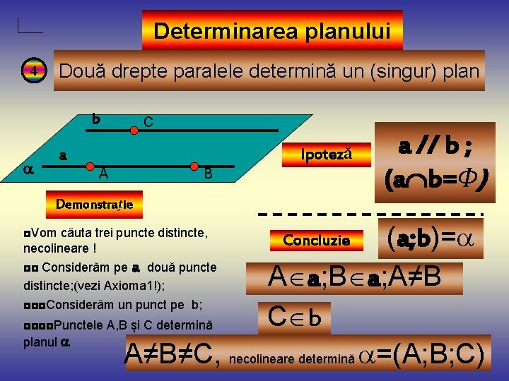 Determinarea planului 4 Două drepte paralele determină un (singur) plan b C Ipoteză a