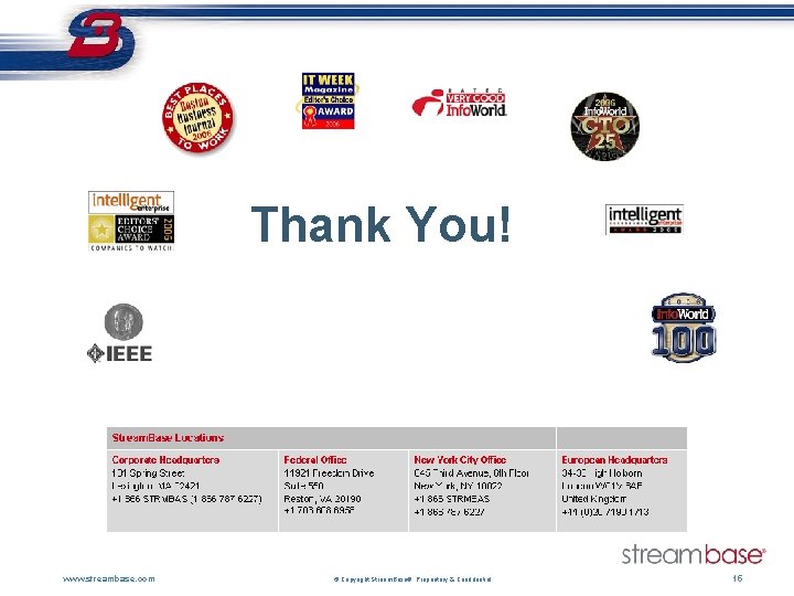 Thank You! www. streambase. com © Copyright Stream. Base®. Proprietary & Confidential. 15 