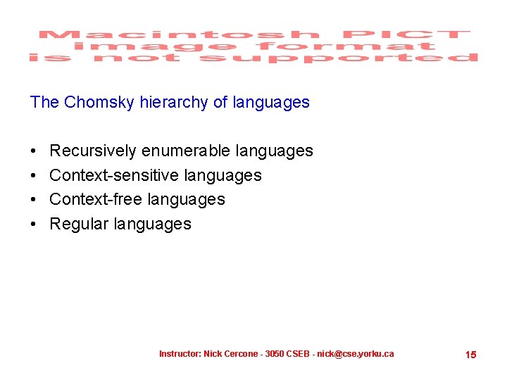 The Chomsky hierarchy of languages • • Recursively enumerable languages Context-sensitive languages Context-free languages