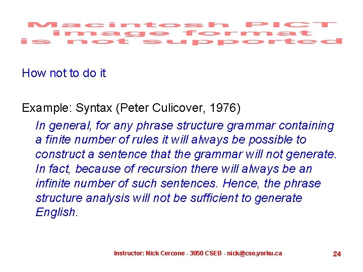 How not to do it Example: Syntax (Peter Culicover, 1976) In general, for any