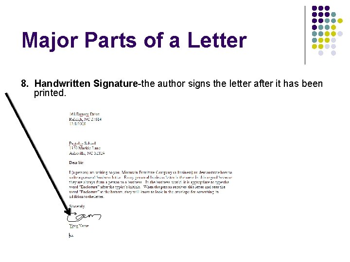 Major Parts of a Letter 8. Handwritten Signature-the author signs the letter after it