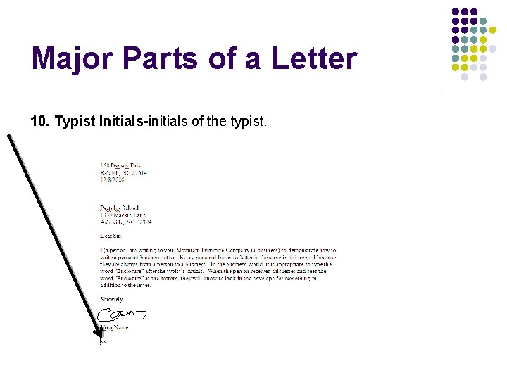 Major Parts of a Letter 10. Typist Initials-initials of the typist. 