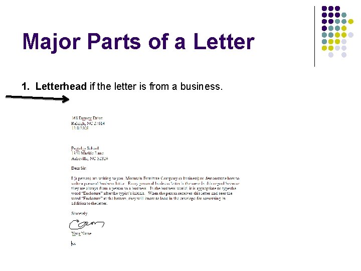 Major Parts of a Letter 1. Letterhead if the letter is from a business.