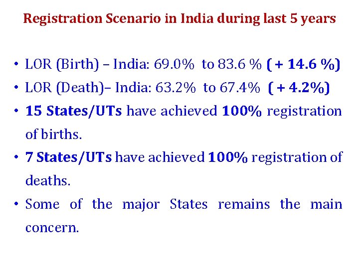 Registration Scenario in India during last 5 years • LOR (Birth) – India: 69.