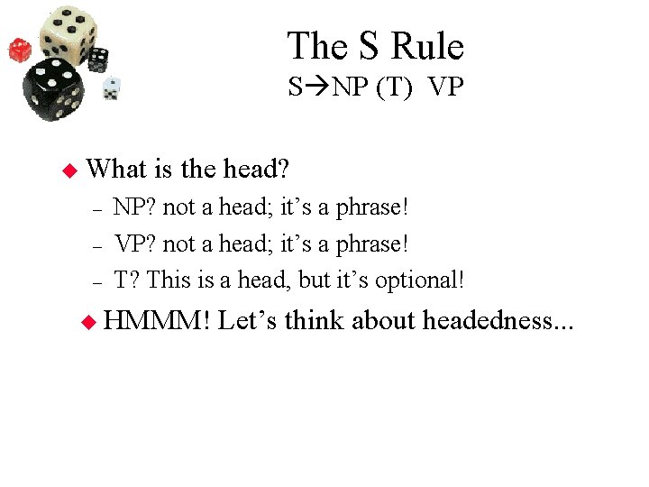 The S Rule S NP (T) VP What – – – is the head?