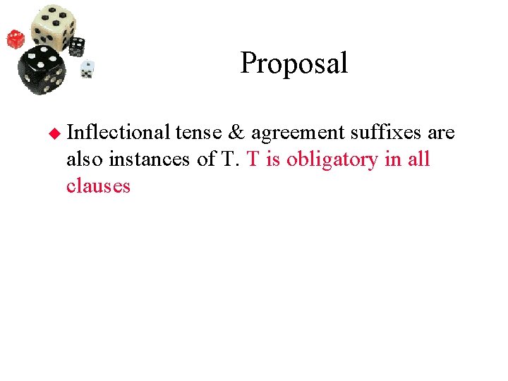 Proposal Inflectional tense & agreement suffixes are also instances of T. T is obligatory