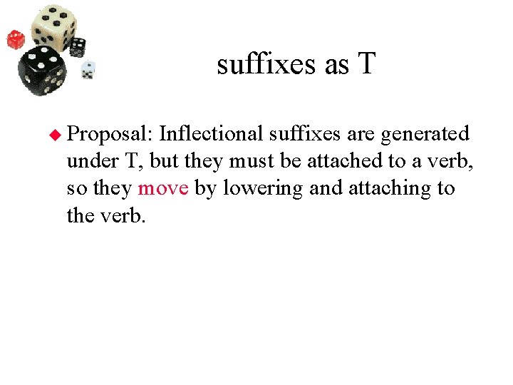 suffixes as T Proposal: Inflectional suffixes are generated under T, but they must be