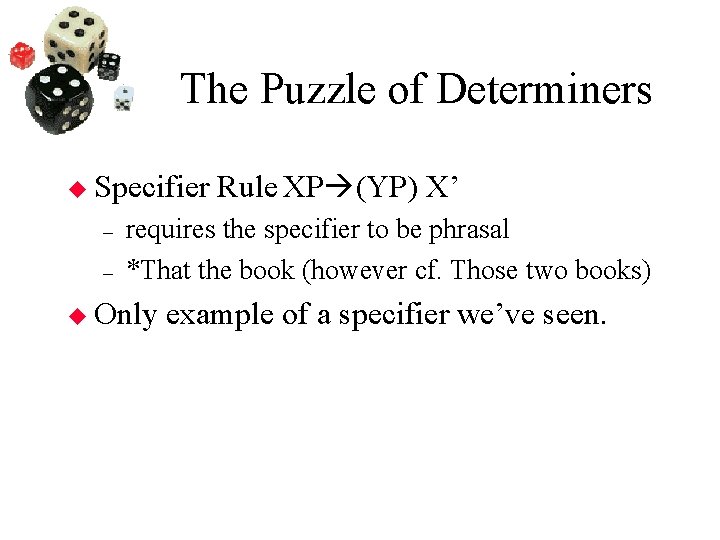 The Puzzle of Determiners Specifier – – Rule XP (YP) X’ requires the specifier