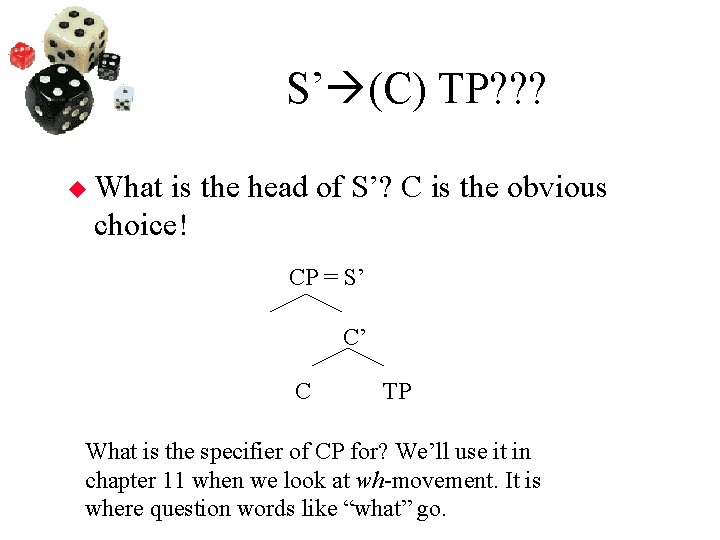 S’ (C) TP? ? ? What is the head of S’? C is the