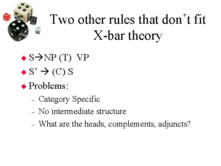 Two other rules that don’t fit X-bar theory S NP (T) VP S’ (C)