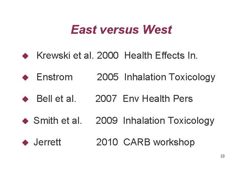 East versus West Krewski et al. 2000 Health Effects In. Enstrom 2005 Inhalation Toxicology