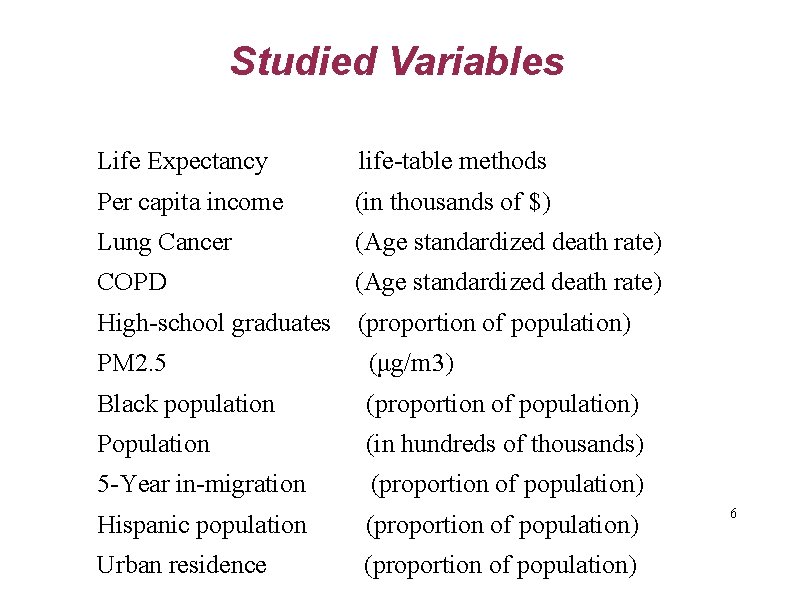 Studied Variables Life Expectancy life-table methods Per capita income (in thousands of $) Lung