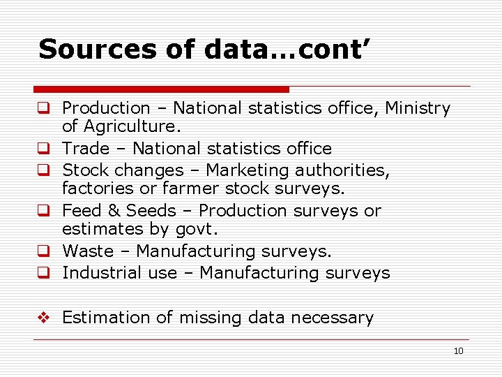 Sources of data…cont’ q Production – National statistics office, Ministry of Agriculture. q Trade