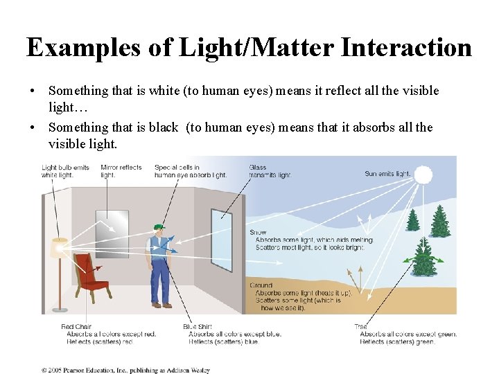 Examples of Light/Matter Interaction • Something that is white (to human eyes) means it