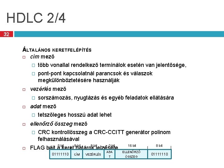 HDLC 2/4 32 ÁLTALÁNOS KERETFELÉPÍTÉS cím mező � több vonallal rendelkező terminálok esetén van