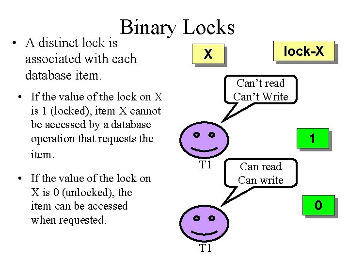 Binary Locks • A distinct lock is associated with each database item. • If