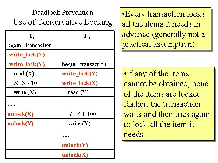 Deadlock Prevention Use of Conservative Locking T 17 T 18 begin _transaction • Every