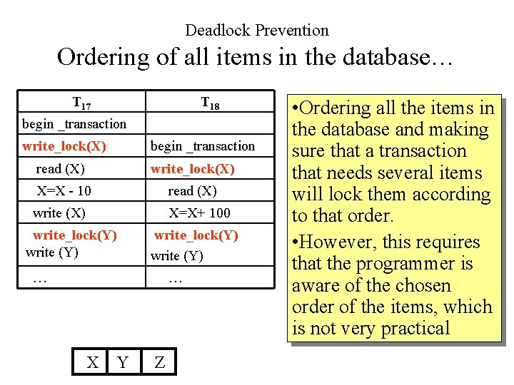 Deadlock Prevention Ordering of all items in the database… T 17 T 18 begin