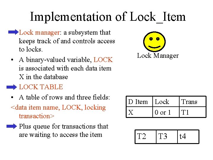 Implementation of Lock_Item • Lock manager: a subsystem that keeps track of and controls